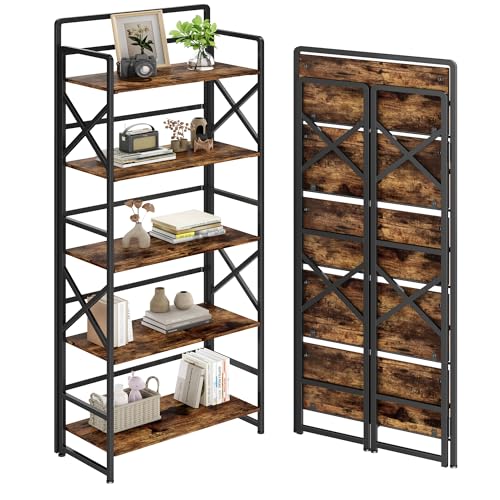 Folding Bookshelf 5 Tiers,No Assembly, Metal Storage,Rustic Brown | Vintage Wood Collapsible Foldable Bookcase,Metal Storage Rack Organizer for Living Room, Bedroom, Home Office - color: Rustic-xx Brown, size: 5-tier