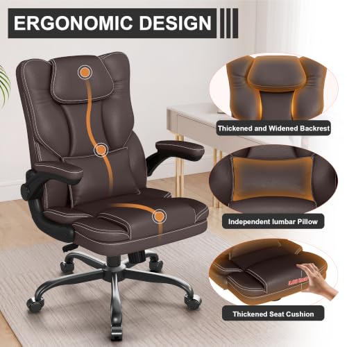 Executive Office Chair Flip Up Arms Lumbar Support Home Office Desk Chair - color: Coffee
