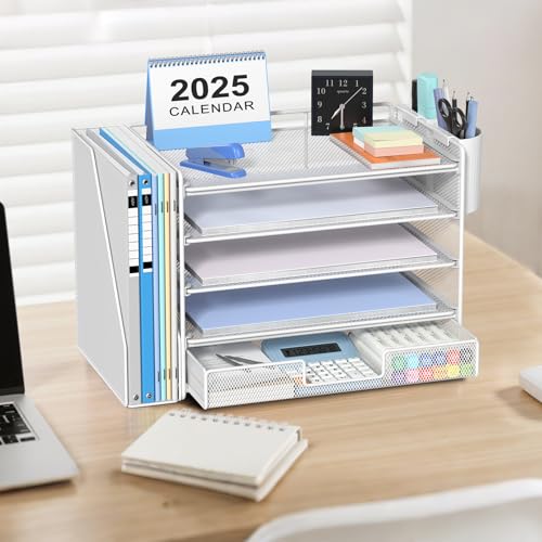 OPNICE Desk Organizer, 5-Tier Desktop File Organizer with Drawer and Pen Holders, Office Desk Accessories, File Sorters, Workspace Organizers for Office Supplies(White) - color: White, size: 5T
