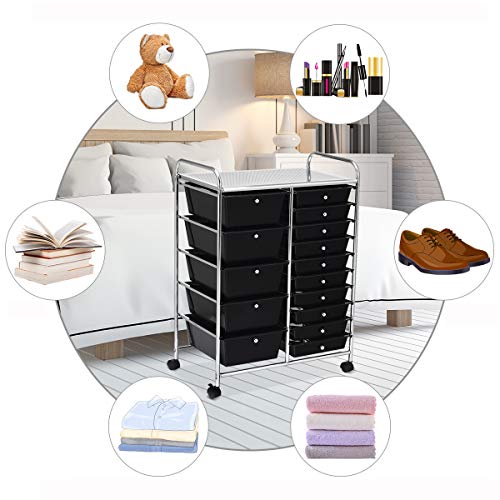 RELAX4LIFE 15 Drawer Rolling Storage Cart, Mobile Drawer Carts for Craft Art Supply Paper Salon, Utility Cart on Wheels for Classroom Teacher School Office, Rolling Cart with Drawers (Black) - color: Black, style: 15 Drawers-34.5"