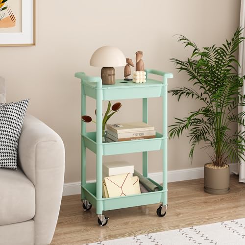 MIOCASA 3-Tier Utility Rolling Cart with Cover Top Board, Kitchen Storage Organization, Art Cart with Wheels for Office, Classroom, Livingroom, Kitchen, Bathroom, Green, Plastic - size: 3-Tier, style: Green