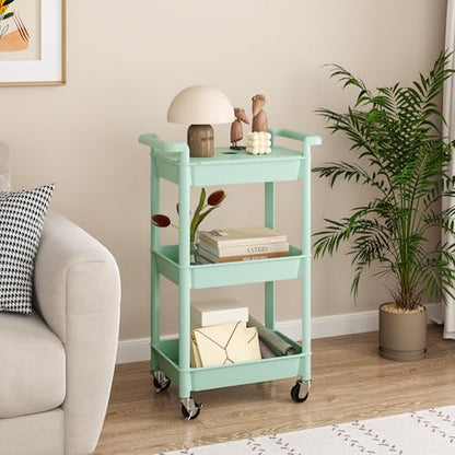 MIOCASA 3-Tier Utility Rolling Cart with Cover Top Board, Kitchen Storage Organization, Art Cart with Wheels for Office, Classroom, Livingroom, Kitchen, Bathroom, Green, Plastic - size: 3-Tier, style: Green