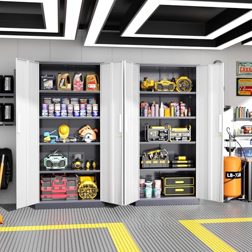 Greenvelly Metal Garage Storage Cabinet, Tall Locking Storage Cabinet with 2 Doors and 4 Adjustable Shelves, Steel Tool Cabinet, Lockable Filling Cabinet for Home, Office, Garage, School (Gray White) - color: Gray White, size: 71" Storage Cabinet