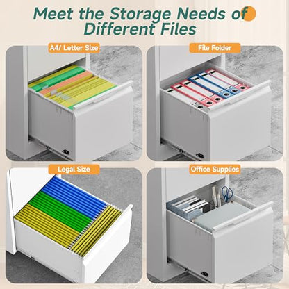 3 Drawer Metal Vertical File Cabinet with Lock for Home Office | 17.8 Inch Depth,38.4 Inch High,Fits A4/Legal/Letter Size File,Easy Assembly,Adjustable Hanging Bar,White - color: White, size: 17.8"D x 15"W x 38.4"H（3 Drawers）
