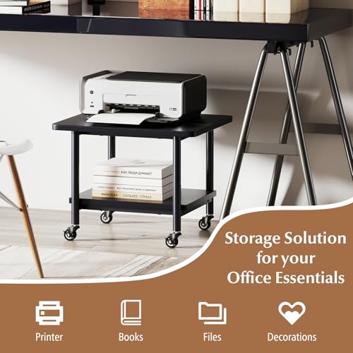 GOFLAME Under Desk Printer Stand, 2-Tier Mobile Printer Table with Storage Shelf, Metal Frame, Rolling Printer Cart Holder Storage Rack with Lockable Wheels for Home Office, Black - color: Black