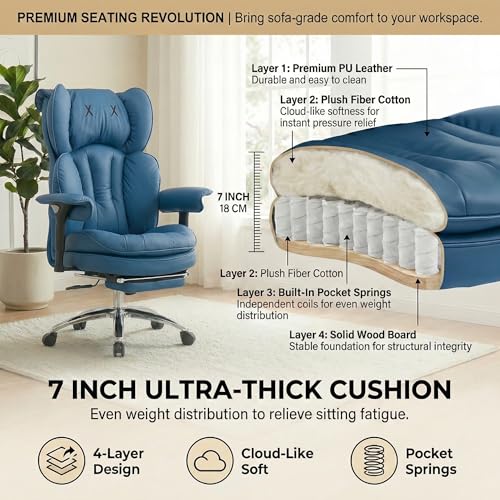 Big & Tall Office Chair, 400lbs Executive Chair with Footrest, Blue - color: Blue
