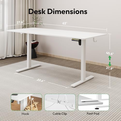 63 x 28 Inch Electric Standing Desk, 3 Memory Presets, White - color: White, size: 63*28