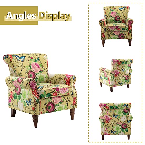 HULALA HOME Traditional Floral Accent Chair with Solid Wood Legs, Mustard | Comfy Upholstered Armchair Reading Chair with Rolled Armrests, Nailhead Trim, Removable Cushion, for Living Room Bedroom - color: Mustard
