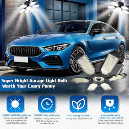 Garage Light Bulbs - Garage Lights Led Screw into Bulb Socket with 6 Deformable Panels 6500K Basement Light Fixture E26 Base Led Shop Lights for Basement Workshop Warehouse Attic - 4Pack - size: 150W - 4Pack