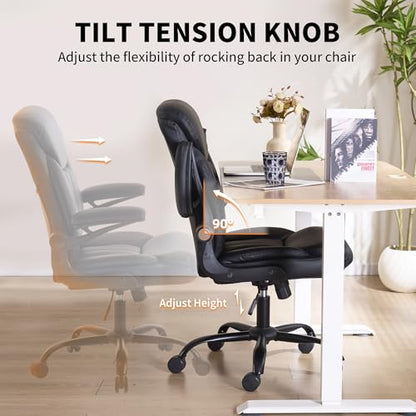 Ergonomic Home Office Chair PU Leather Comfy Computer Chair, Black | Flip-up Armrest, Height Adjustable, Lumbar Support, 360° Swivel Wheels Managerial Executive Chairs for Work Gaming Home Use - color: Black