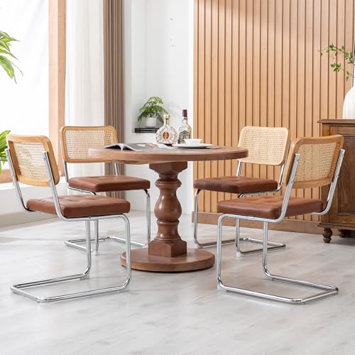 KCC Modern Dining Chairs Set of 4, Faux Leather Rattan Chair,Brown | Mid Century Kitchen Side Chairs with Metal Legs and Upholstered Seat for Dining Room,Living Room,Bedroom - color: Brown, size: Set of 4