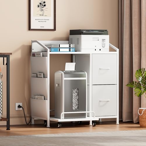 Printer Stand with Fabric Drawers, Lateral Office Filing Cabinets with Power outlets & USB Charging Port, File Cabinet with Large Printer Stands for Home Office, Shredder Stand Rack (White) - color: White