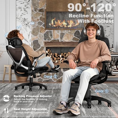 ELABEST X100 Ergonomic Mesh Office Chair with Footrest, Big and Tall Hone Desk Chair with 5D Flip-Up Arms, Adjustable 3D Lumbar Support,Gaming & Executive Computer Chairs - color: Midnight Mist