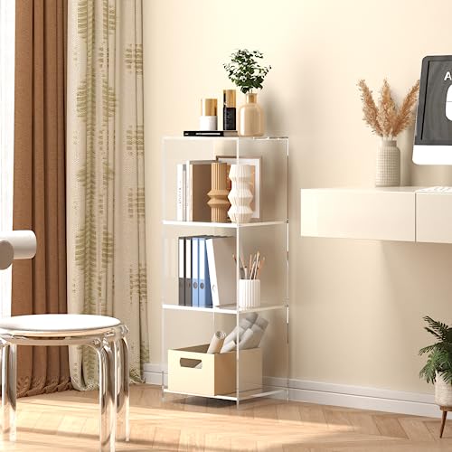 Acrylic Bookcase, 3 Tier Clear Floor Standing Bookshelf, 31.5 inch Tall Display Cube Storage Shelf Home Decor Furniture for Home, Office, Living Room, Bedroom