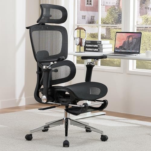 Mesh Ergonomic Office Chair with Footrest,Black | 6D Armrests,High Back Mesh Gaming Chair with Lumbar Support,Adjustable 3D Headrest for Home Office Desk Chair - color: Black, style: Executive