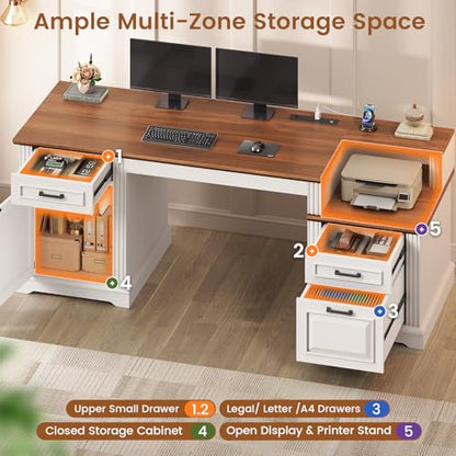 SEDETA Farmhouse Executive Desk, 62'' Home Office Desk with File Drawers, 3Drawer and Storage Cabinet, Computer Desk with Power Outlet for Home Office, Work Study Writing, White + Walnut - color: White + Walnut