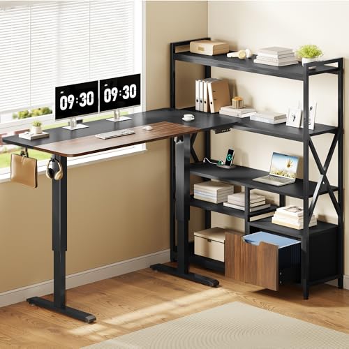 77.8 Inches L Shaped Standing Desk Corner Desk with Hutch Electric Height Adjustable Desk with Storage Shelves File Drawer Power Outlets Reversible Computer Gaming Desk for Home Office Black - color: Black