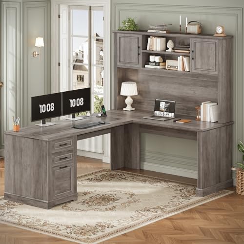 SEDETA Farmhouse L Shaped Desk with Hutch and 3 Drawers, 68.9" Executive Office Desk with File Drawer and Power Outlet, Corner Computer Desk with Storage Shelves for Home Office (Grey) - color: Grey