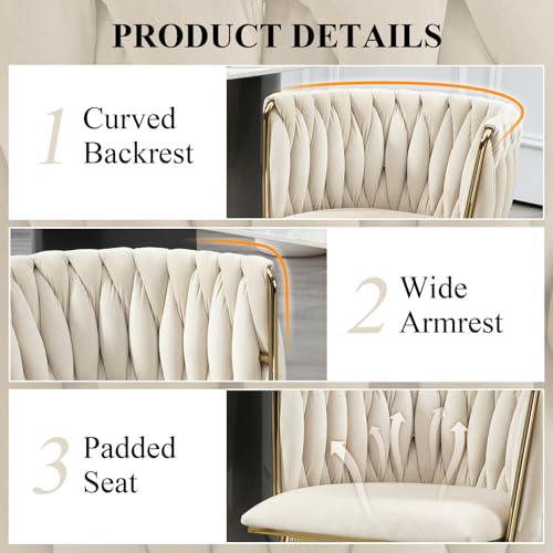 NIOIIKIT Modern Velvet Dining Chairs Hand Weaving Accent Chairs Living Room Chairs Upholstered Side Chair with Golden Metal Legs for Dining Room Kitchen Vanity Living Room (Ivory) - color: Ivory