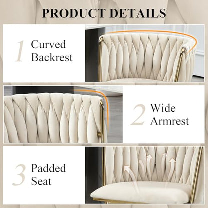 NIOIIKIT Modern Velvet Dining Chairs Hand Weaving Accent Chairs Living Room Chairs Upholstered Side Chair with Golden Metal Legs for Dining Room Kitchen Vanity Living Room (Ivory) - color: Ivory