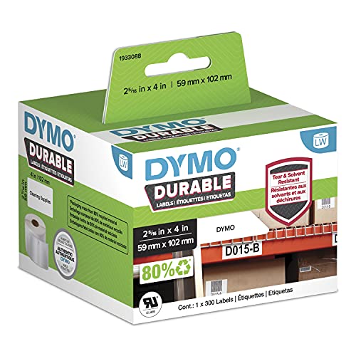DYMO LW Durable Industrial Labels for LabelWriter Label Printers, White Poly, 2-5/16” x 4”, 1 Roll of 300 - size: 2-5/16” x 4”