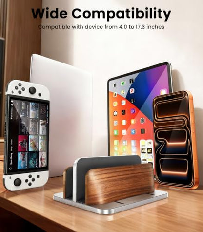 LOXP Vertical Laptop Stand, Dual Slot Wooden + Aluminum Laptop Holder | Desktop Adjustable MacBook Stand, Adjustable Base, for MacBook Pro/Air, (up to 17.3-inch All laptops)