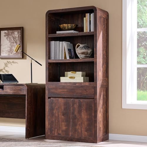72" Tall Modern Bookshelf with Doors, 5-Tier Large Bookcase w/Drawer, Wooden Storage Cabinet w/Adjustable Shelves, Versatile Book Shelf w/Curved Profile Design for Living Room, Office, Brown - color: Brown