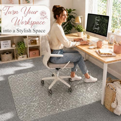 45"x53" Rose Pattern Office Chair Mat, Clear Carpet Floor Protector - size: 45"x 53" with Rose Pattern