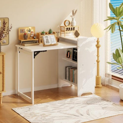HDDFER Folding Desk with Built-in Outlet,for Small Spaces,Hidden Desk with Storage Shelf, Foldable Computer Desk for Bedroom Home Office, Mid Century Modern Fold Out Table Writing Table, White - color: White