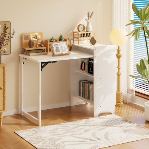 HDDFER Folding Desk with Built-in Outlet,for Small Spaces,Hidden Desk with Storage Shelf, Foldable Computer Desk for Bedroom Home Office, Mid Century Modern Fold Out Table Writing Table, White - color: White