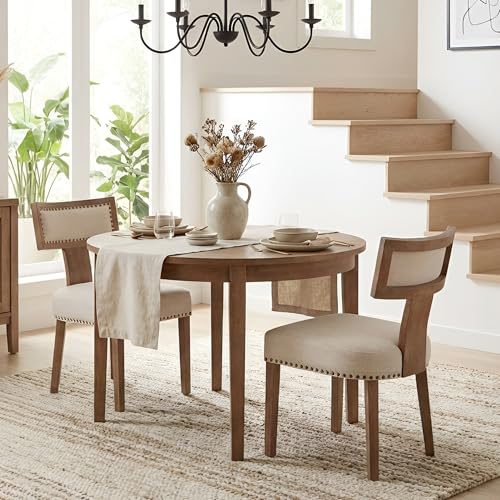 HNY Mid Century Modern Dining Chairs Set of 2, Farmhouse Linen Fabric Upholstered Accent Chairs Curved Nailhead Trim Backrest Kitchen Chairs, with Hardwood Frame, Beige - color: Beige Nailhead