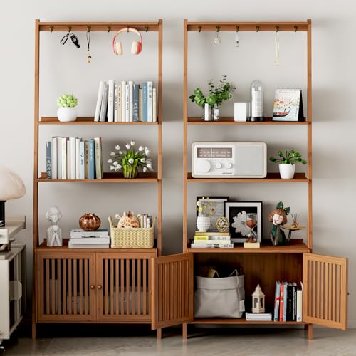 Bookcase with Drawers, Ladder Shelf 4-Tier Bamboo Bookshelf with 6 Hooks - color: 4-tier Walnut
