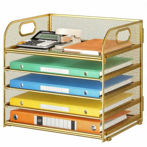 Lavatino Desk Paper Organizer Trays, Gold 5-Tier Mesh File Folder Sorter with Handles, Letter Holder Organizer for Office, Home, School Supplies Storage & Organization - color: 5 Tier - Gold, size: 12.6" x 9.1" x 11.5"