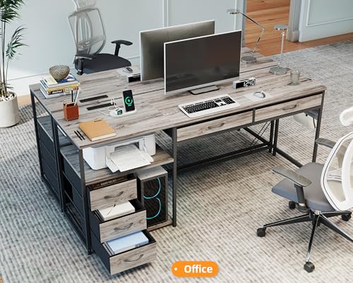 60" Computer Desk with 5 Fabric Drawers, Gaming Desk Table | Desk with Storage and Power Outlets, for Adults and Teenagers Working Writing Study, Grey - color: Grey, size: 18.9"D x 60"W x 30.7"H