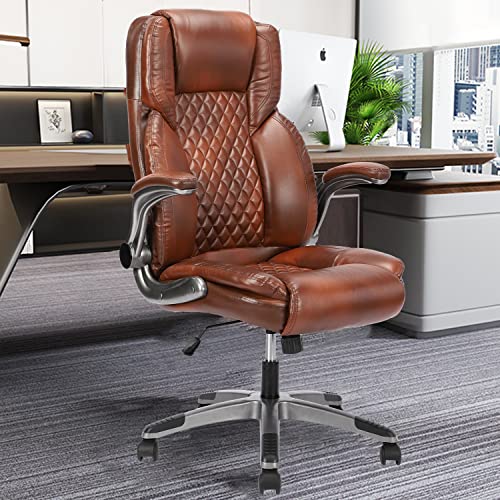 Brown Leather Executive Office Chair with Flip up Arms | High Back, Ergonomic, Rocking, Comfy, Vintage, Work Chairs, Home,Gaming,Cross Legged Sitting - color: Brown