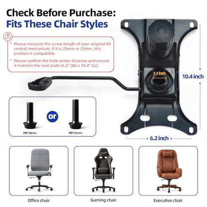 Heavy Duty 500lbs Office Chair Replacement Parts, Swivel Tilt Control Mechanism with 6.2" (W) x 10.4" (L) Mounting Holes, Chair Base for Executive and Gaming Chairs, Black