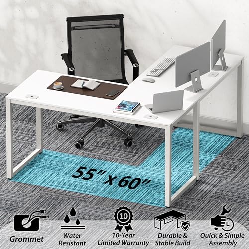 SHW 55 x 60 Commercial-Grade L-Shape Corner Office Computer Desk, White | 10-Year Limited Warranty - color: White