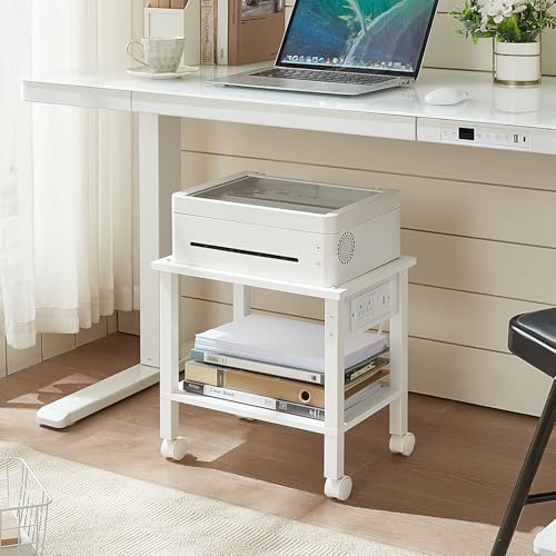 YUFAM 2 Tier Under Desk Printer Stand with Charging Station, White - color: White, size: 11.8"D×15.7"W×15.3"H(With USB)