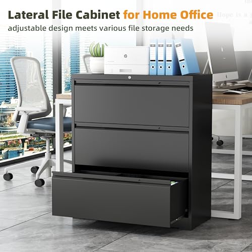 3 Drawer Metal Lateral File Cabinet with Lock for Home Office | 35.5 Inch Ultra Spacious Tabletop,330LBS Max Weight Capacity,Fits Letter/Legal/F4/A4 Size,Fast Easy Assemble,Black - color: Black, size: 15.7"D x 35.4"W x 40"H（3 Drawers）