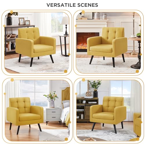 Yaheetech Mid Century Accent Chair Living Room Chair Yellow | Linen-Like Upholstered Sillones Para Sala, Modern Reading Nook Chair, Button Tufted Back, Rubberwood Legs, Bedroom Office - color: Yellow, size: set of 1