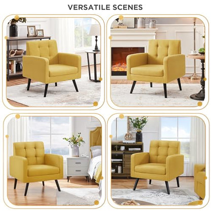 Yaheetech Mid Century Accent Chair Living Room Chair Yellow | Linen-Like Upholstered Sillones Para Sala, Modern Reading Nook Chair, Button Tufted Back, Rubberwood Legs, Bedroom Office - color: Yellow, size: set of 1