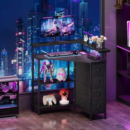VENNQD Corner Desk with Drawers Shelves for Small Space 90 Degrees Triangle Computer Desk with Power Outlets,Gaming Desk with LED Lights Monitor Stand for Home Office Workstation Writing Table (Black) - color: Black
