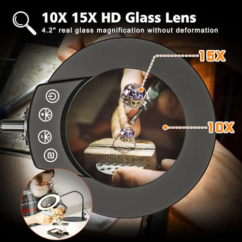 10X 15X Magnifying Glass with Light and Stand, 5 LED Color Modes Stepless Dimmable, Flexible Gooseneck Lighted Magnifying Glass with C-Clamp and Mental Base for Craft Close Work Sewing Reading