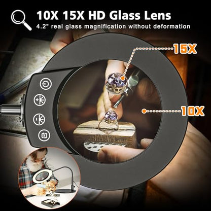 10X 15X Magnifying Glass with Light and Stand, 5 LED Color Modes Stepless Dimmable, Flexible Gooseneck Lighted Magnifying Glass with C-Clamp and Mental Base for Craft Close Work Sewing Reading