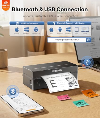 Rongta Bluetooth Thermal Shipping Label Printer, Wireless 4x6 Label Printer for Shipping Packages&Small Business, Compatible Windows/Mac/Android/iOS, RP425