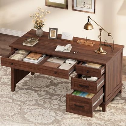 GarveeHome Executive Desk with Drawers, Farmhouse Home Office Desk with Charging Station, 53.54 in Wooden Computer Desk with File Cabinet Storage for Work Study Writing,Walunt Brown - color: Walunt Brown