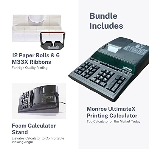 Monroe UltimateX Elite Printing Calculator/Adding Machine Bundle with Ribbons, Paper and Foam Calculator Stand