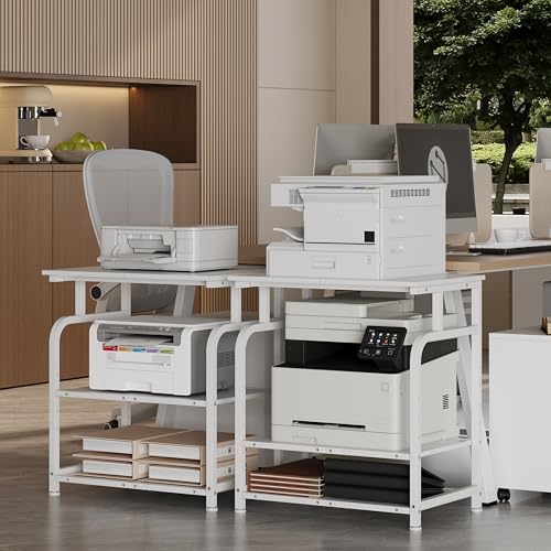 Unionly Large Rolling Printer Stand with Height Adjustable Shelf and Wheels | 3-Tier Rolling Printer Cart with Wheels, Heavy-Duty Wood Printer Table with strudy steel frame for Home Office,White - color: White
