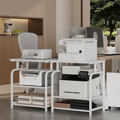 Unionly Large Rolling Printer Stand with Height Adjustable Shelf and Wheels | 3-Tier Rolling Printer Cart with Wheels, Heavy-Duty Wood Printer Table with strudy steel frame for Home Office,White - color: White