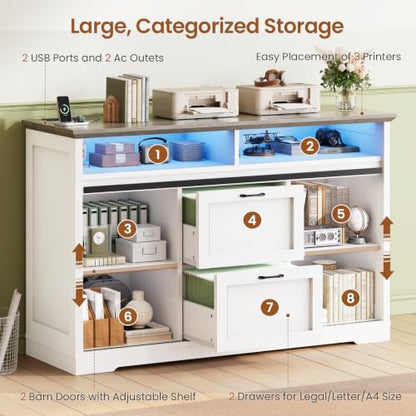 SEDETA 47.2" File Cabinet, 2 Drawers Filing Cabinets for Home Office fit Legal/Letter/A4 File, Farmhouse File Cabinet with Barn Door & Power Outlet, Printer Stand with Storage & LED Light, White+Grey - color: White+grey